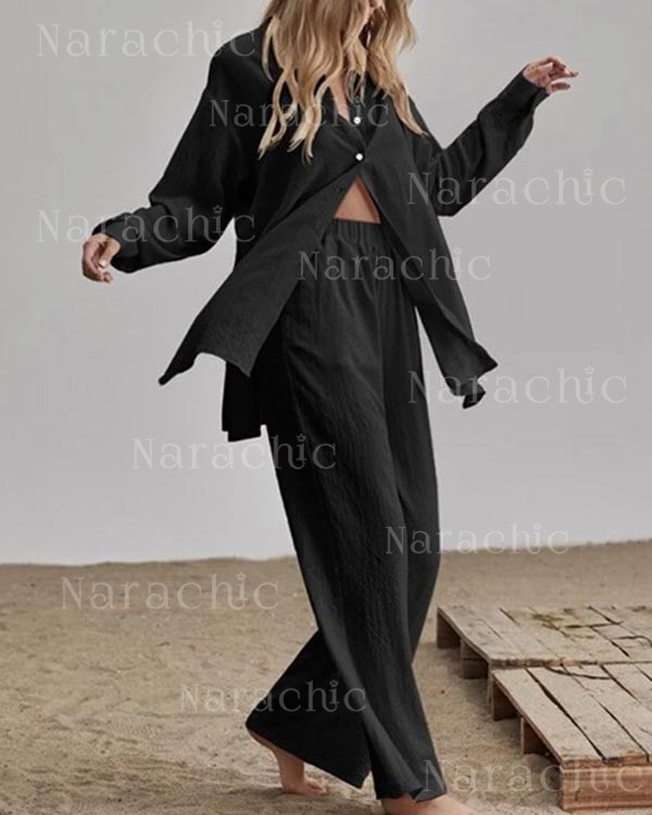 Linen Solid Slit Cardigan and Wide-Leg Pant Suits
