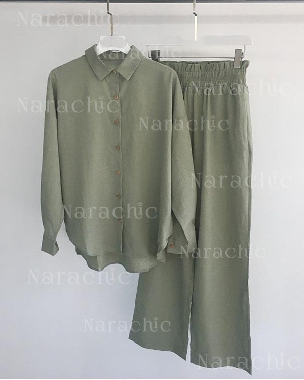 Linen Set Casual Shirt Elastic Pants Suits