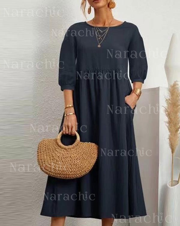 Solid Color Long Sleeve Loose Linen Slip Pocket Dress