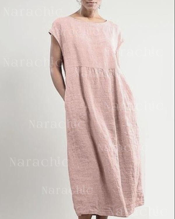 Solid Sleeveless Loose Linen Pocket Dress