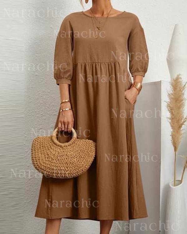 Solid Color Long Sleeve Loose Linen Slip Pocket Dress