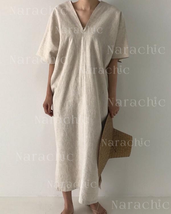 Vintage Linen Loose V-Neck Short Sleeve Dress