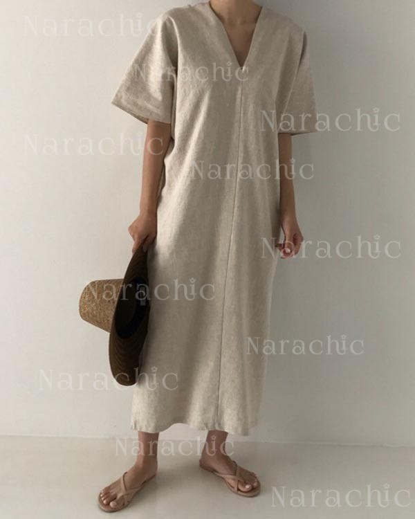 Vintage Linen Loose V-Neck Short Sleeve Dress