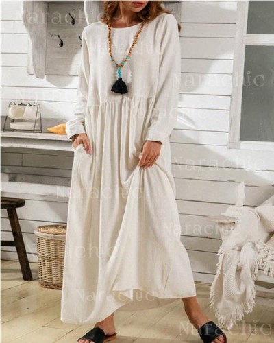 Round Neck Long Sleeve Solid Linen Panel Dress