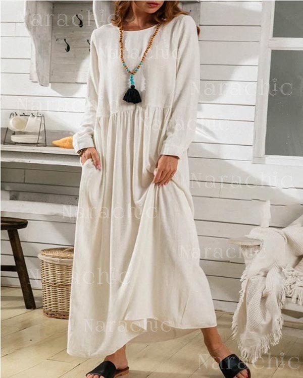 Round Neck Long Sleeve Solid Linen Panel Dress