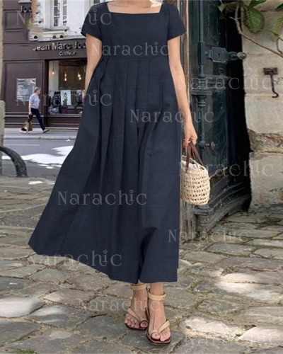 Linen Long Dress Short Sleeve Square Neck Dress