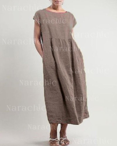 Solid Sleeveless Loose Linen Pocket Dress