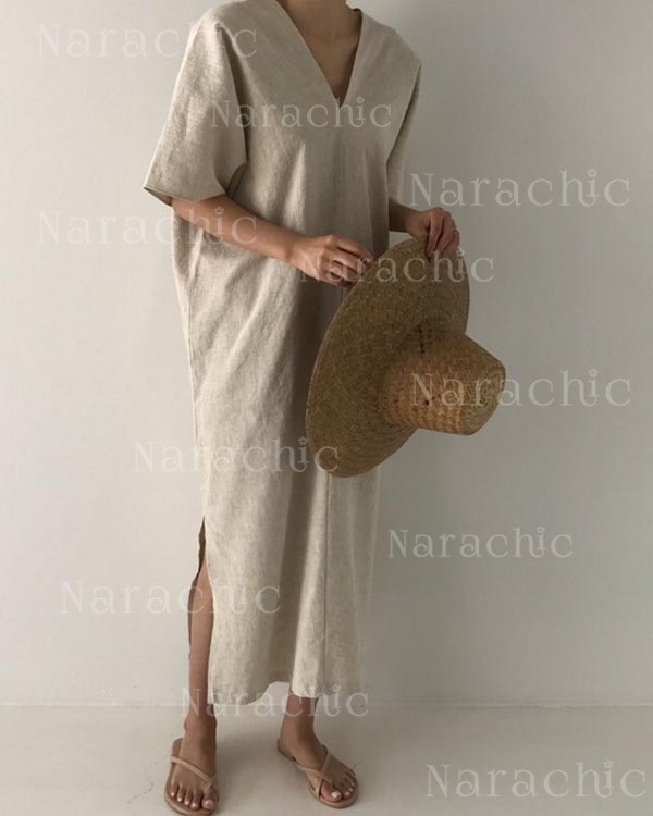 Vintage Linen Loose V-Neck Short Sleeve Dress
