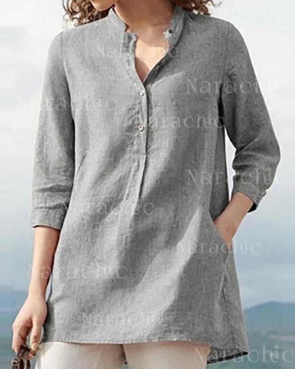 Solid Color Stand Collar Linen Casual Pullover Shirt Top