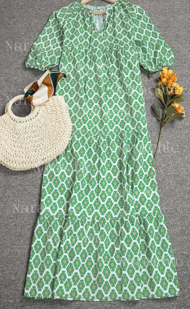 Casual Maxi Dress Bohemian Floral V Neck Puff Short Sleeve Beach Tiered Sundress Long Swing Dress