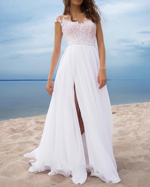 Lace Chiffon Ball White Evening Dress