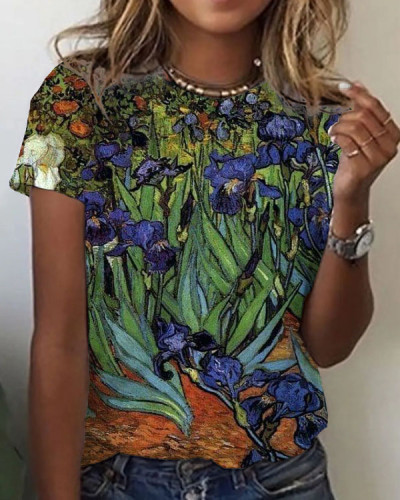 Women's Art Flowers Print Casual T-Shirt