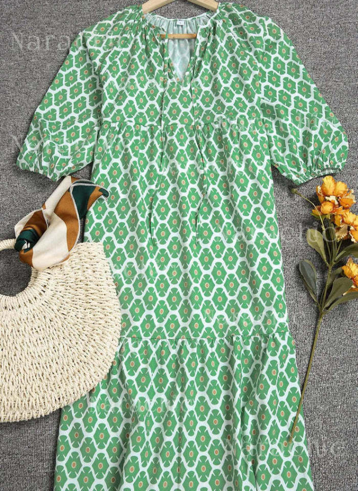 Casual Maxi Dress Bohemian Floral V Neck Puff Short Sleeve Beach Tiered Sundress Long Swing Dress