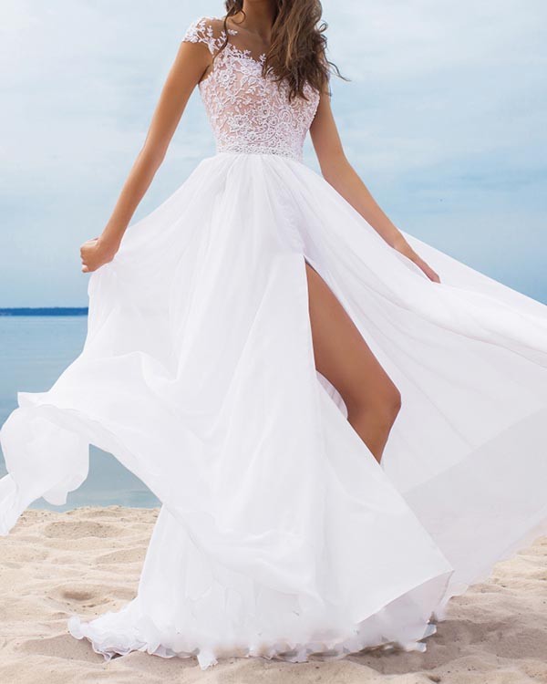 Lace Chiffon Ball White Evening Dress