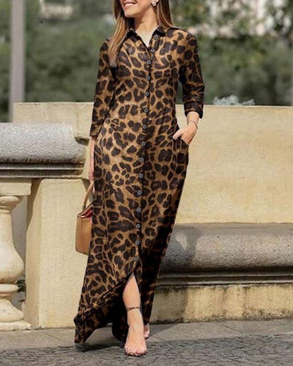 Casual Shirt Collar Leopard Print Button Floor Maxi Dress