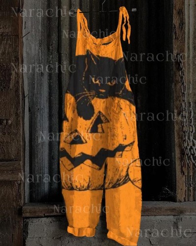 Women's Halloween Night Pumpkin Cat Jumpsuit