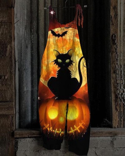 Women's Halloween Night Pumpkin Cat Jumpsuit