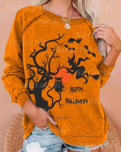 Halloween Witch and Owl Print Sweatshirt