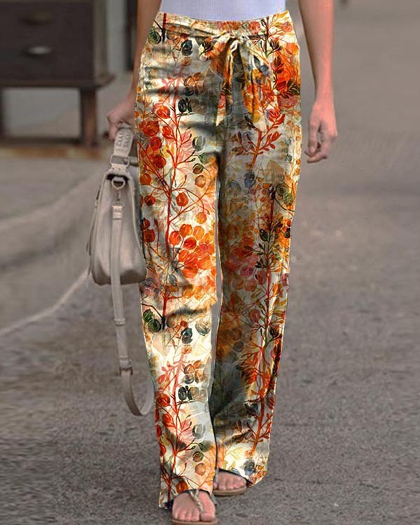 Strap Floral-print Loose-fitting Pants