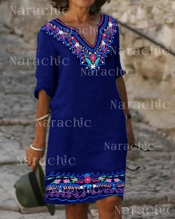 Ethnic V-Neck Vintage Print Dress