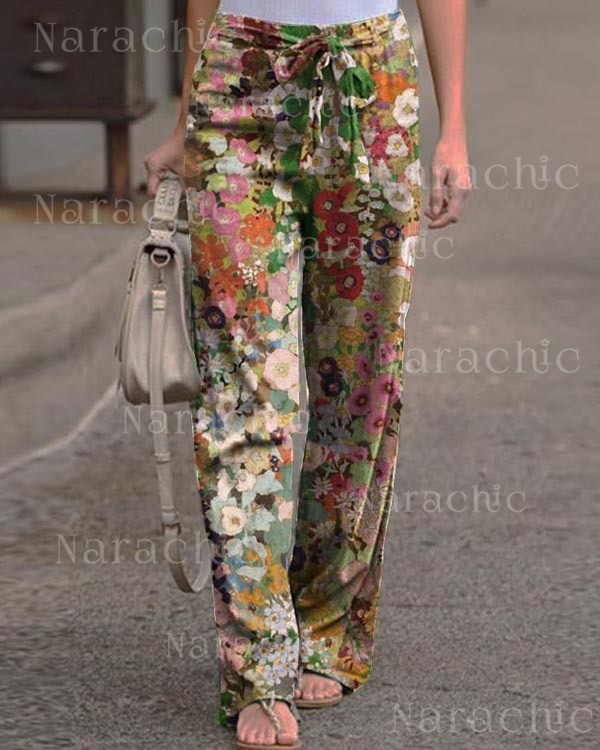 Strap Floral-print Loose-fitting Pants