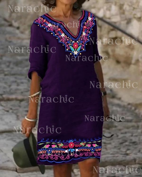 Ethnic V-Neck Vintage Print Dress