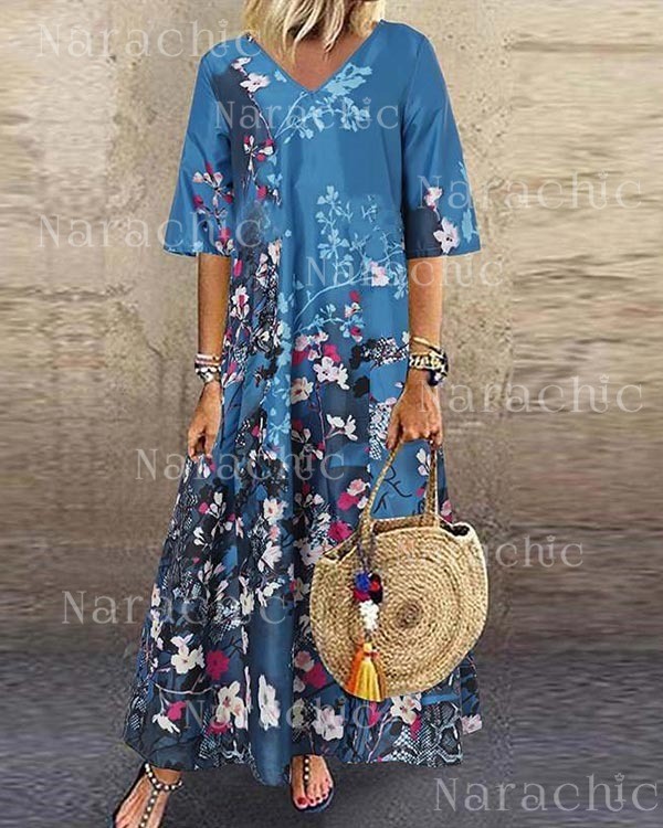 Casual Floral Print V-Neck Half-Sleeve Maxi Dress