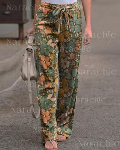 Lace-up Floral Print Pants