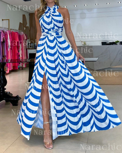 Sweet Striped Halter High Waist Slit Maxi Dress