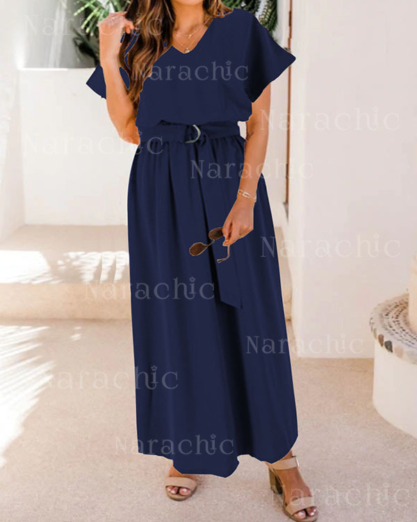 Loose Belt Waist Solid Color Plus Size Dress