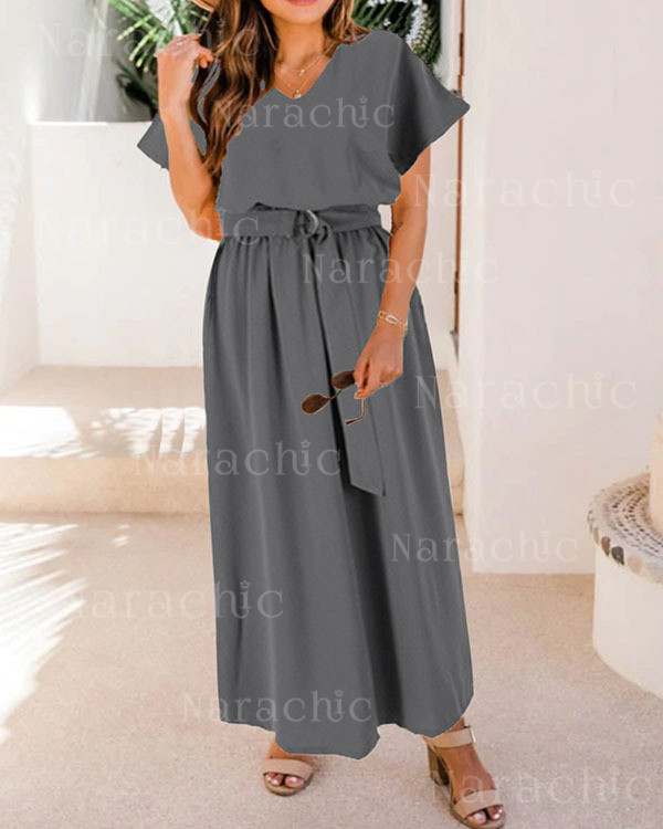 Loose Belt Waist Solid Color Plus Size Dress
