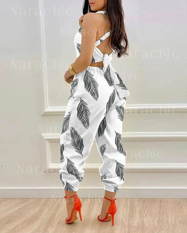 Suspender Open-back Bow Print Jumpsuit