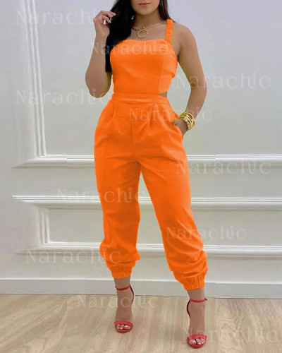 Suspender Open-back Bow Print Jumpsuit