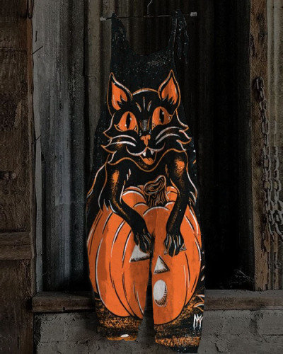 Women's Halloween Night Pumpkin Cat Jumpsuit