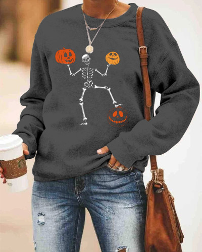 Women's Pumpkin Skull Print Loose Sweatshirt