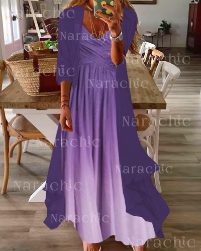 Women's Fall Purple Gradient Elegant Regular V-Neck Two Piece Dress