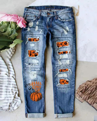 Women's Halloween Pumpkin Print Jeans