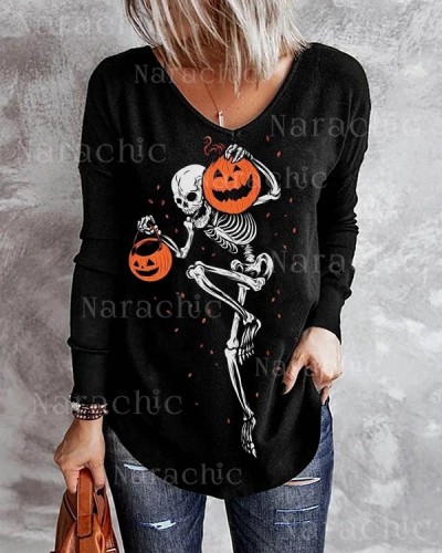 Halloween Skull V-Neck Print Party Long Sleeve Top
