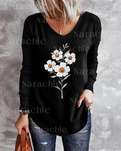 Halloween Floral V-Neck Print Party Long Sleeve Top
