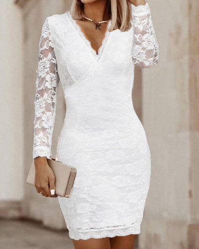 Elegant Long Sleeve Lace Midi Dress