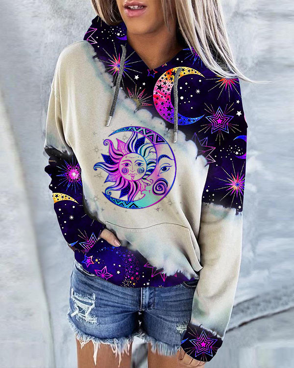 Sun and Moon Print Hoodie Long Sleeve Sweatshirt