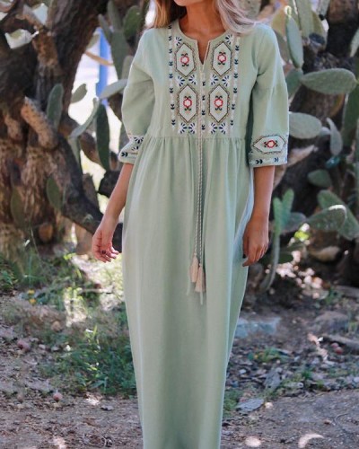 Women's Ethnic Embroidery Pattern Green Long Dress