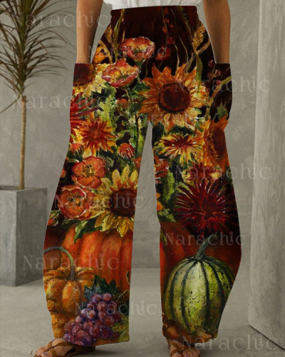 Women's Halloween Pumpkin Floral Loose Pants