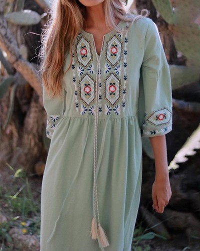 Women's Ethnic Embroidery Pattern Green Long Dress