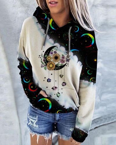 Sun and Moon Print Hoodie Long Sleeve Sweatshirt