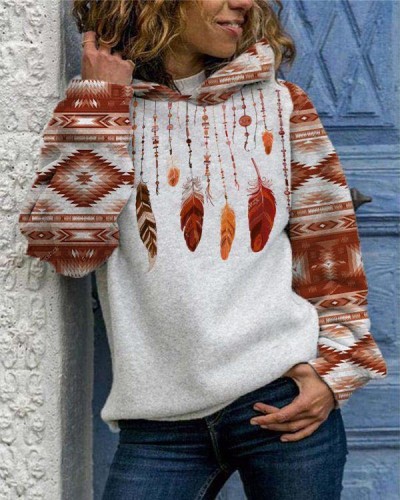 Vintage Ethnic Print Long Sleeve Hooded Sweatshirt