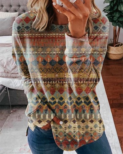 Round Neck Vintage Loose Print Sweatshirt