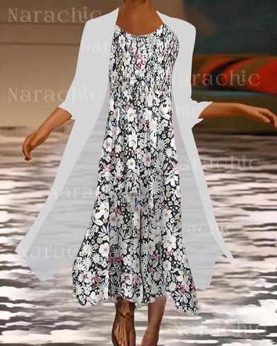 Two-Piece Loose Casual Floral Print Midi Dress