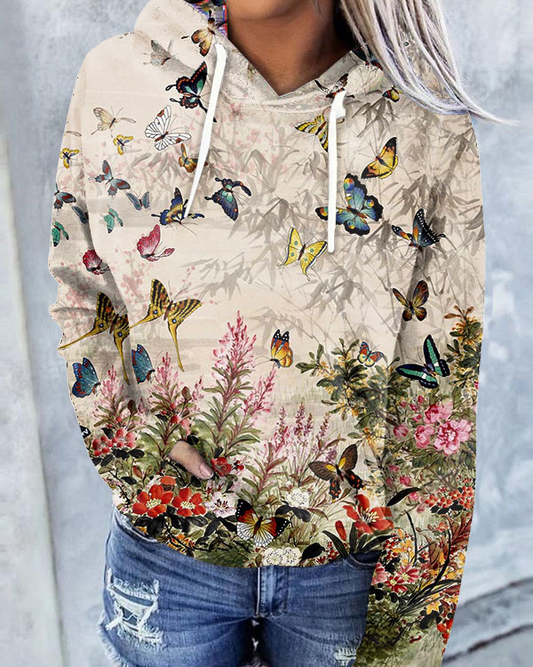 Women's Floral Print Hooded Long Sleeve Sweatshirt