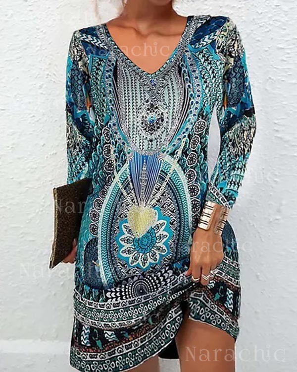 Women's Floral Print V Neck Boho Long Sleeve Dress